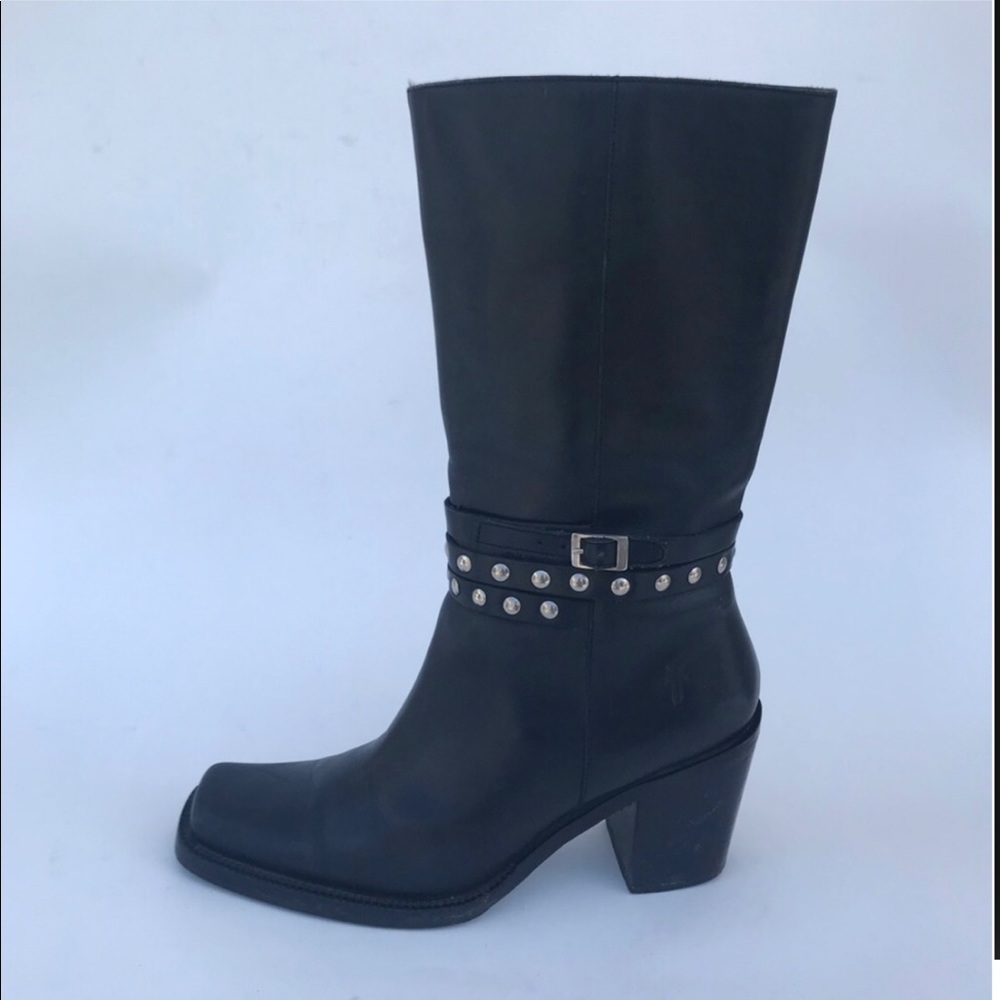 Frye black mid calf boots with studded ankle.